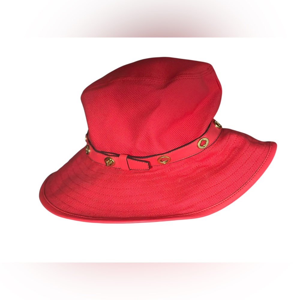 Coach | Red Bucket Hat with Gold Eyelet Band | Cotton / Leather Trim NWT 🏷️ XS/S